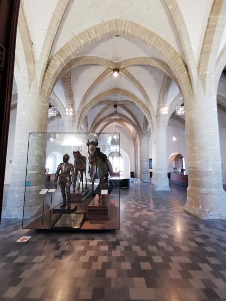vue de la salle gothique avec la vitrine de l'armure de l'archiduc Albert et de son cheval
